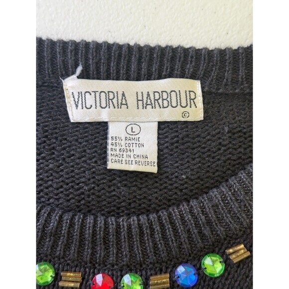 Vtg Victoria Harbour Women's Black Christmas Beaded/Rhinestone Sweater Size L - Picture 5 of 5